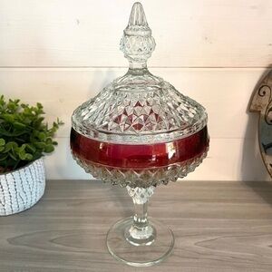 Vintage Indiana Glass Diamond Point Ruby Red Covered Pedestal Dish 12"